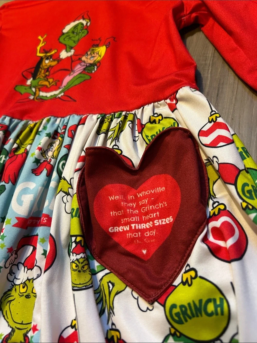 Grinch Holiday Dress with Heart Pockets - Red & Multicolor girls 7-8